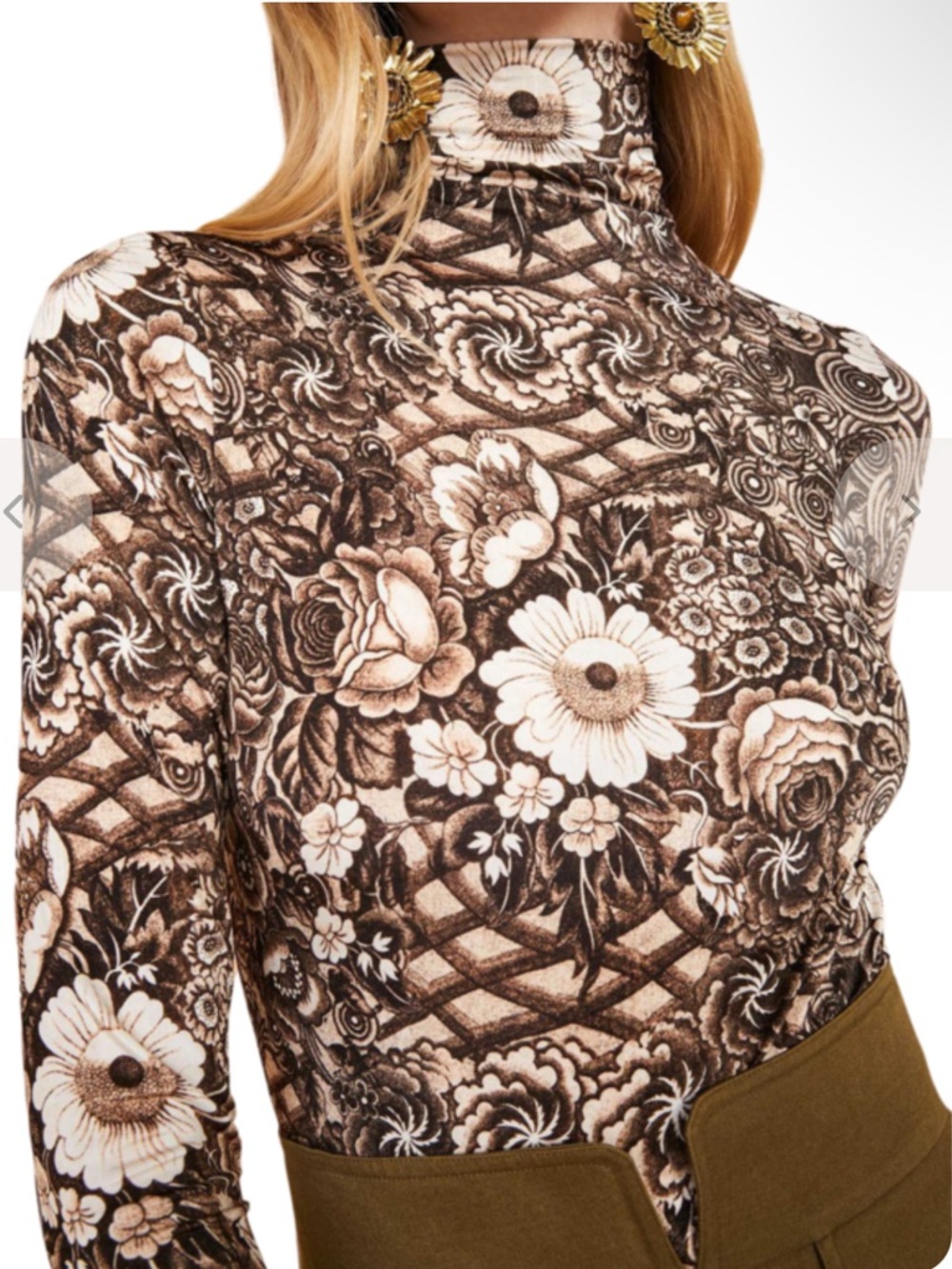 Ulla Johnson Aurelia Turtleneck Top Large Floral Teak Brown Mesh Romantic - Picture 7 of 12